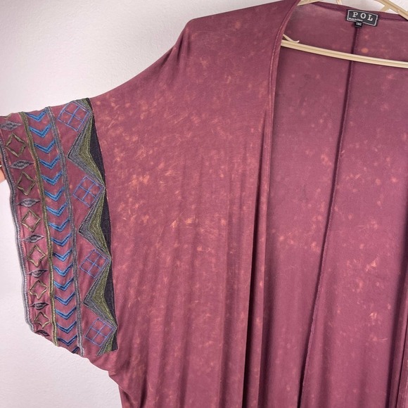 POL Burgundy Embroidered Rayon Kimono Robe Acid Wash Longline One Size Boho - Picture 5 of 8